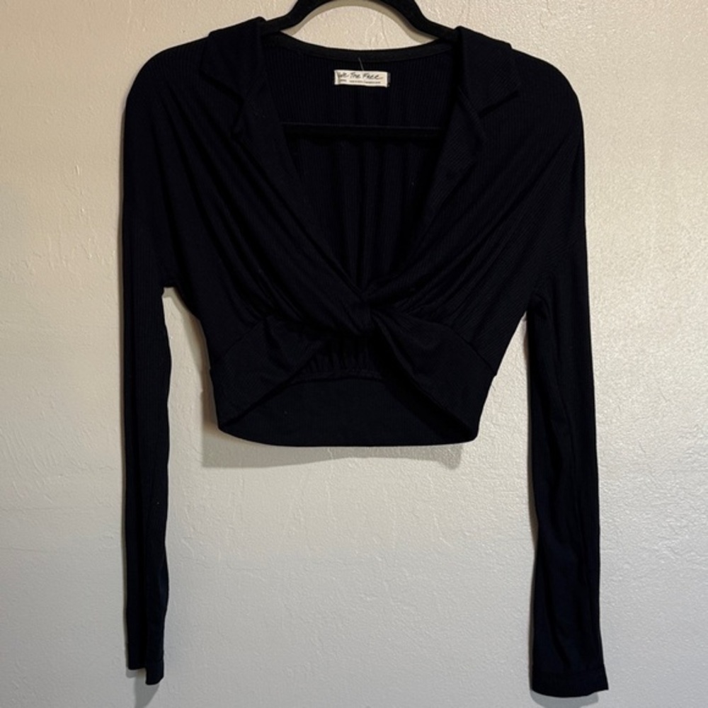 Free People We The Free Midnight Black ribbed Knotted Crop Top